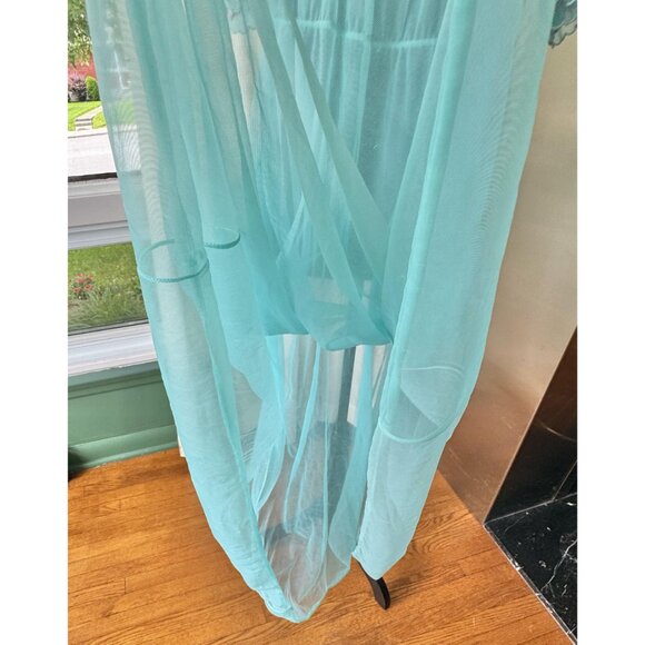 Vintage 60s dressing gown, teal blue, empire waist, embroidered puff sleeves - Picture 6 of 8